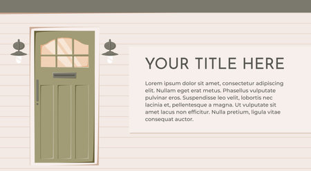 Vector cartoon banner illustration of stylish front door with space for text. Cozy cottage entrance in flat design, perfect for real estate, advertising, home blogs, social media.のイラスト素材