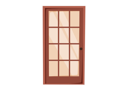 Vector illustration of vintage wooden door with glass panels. Classic retro entrance element for house, shop, or cafe facade. Isolated cartoon architecture detail on white background.のイラスト素材