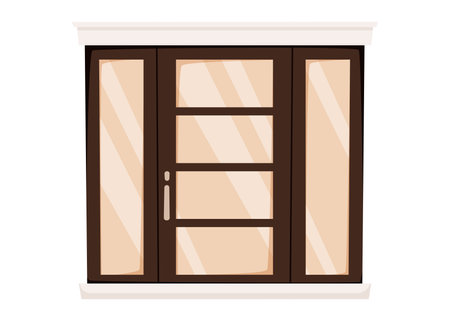 Modern front door with dark wood frame and glass panels. Vector cartoon isolated illustration of contemporary exterior entrance for real estate, architecture, or advertising projects.のイラスト素材