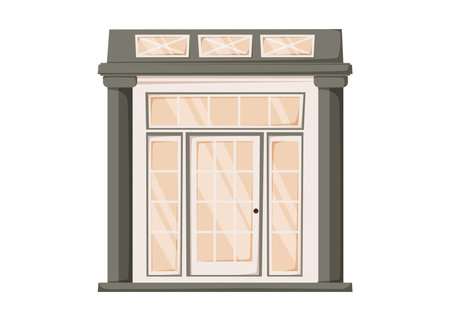 Elegant glass front door with dark columns and transom windows. Vector cartoon isolated illustration of modern vintage entrance for architectural design, real estate, and decorative use.のイラスト素材