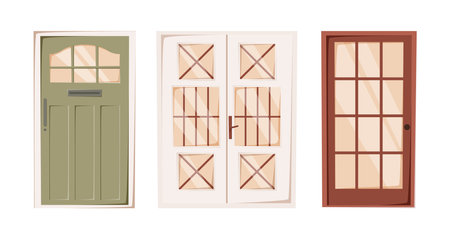 Set of three isolated decorative vector doors in different styles, modern, vintage, and farmhouse. Glass and wood textures ideal for architectural, interior, or renovation themed projects.のイラスト素材