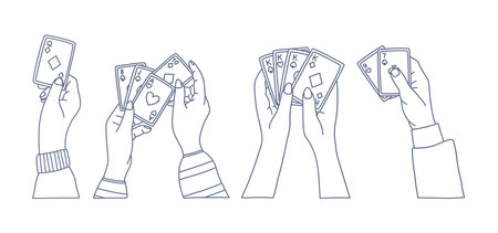 Set of isolated hands holding playing cards in different positions. Doodle line vector illustration. Poker, gambling, casino or board game concept for print, web, and mobile design.のイラスト素材