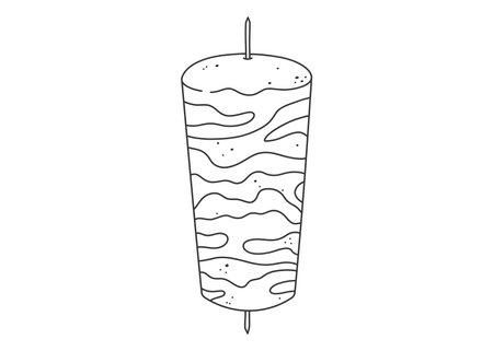 Doner kebab skewer in line art. Vertical meat rotisserie illustration for Turkish or Middle Eastern cuisine theme. Black and white doodle vector on white background.のイラスト素材