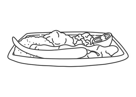 Plate with traditional Turkish Mediterranean food. Line art black and white doodle of lula kebab, rice, and grilled vegetables. Vector isolated hand drawn illustration.のイラスト素材