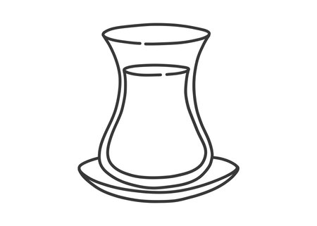 Line art doodle of traditional Turkish tea glass armuda with saucer. Hand drawn black and white sketch of hot drink. Isolated minimal illustration for design and culture projects.のイラスト素材