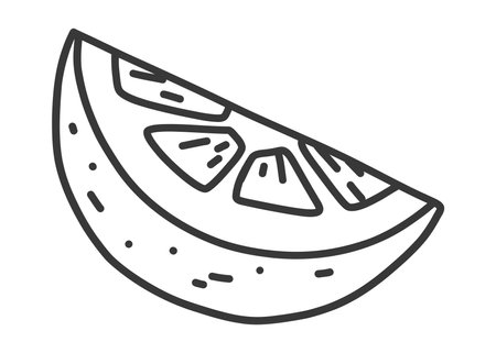 Black and white doodle of lemon slice. Hand drawn line art illustration of sour citrus fruit segment. Minimal isolated sketch for food, drink or design elements.のイラスト素材