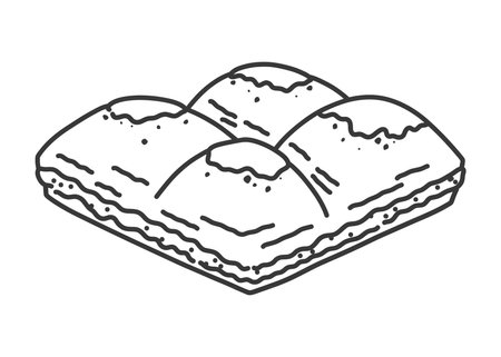 Black and white doodle illustration of Turkish pistachio baklava. Traditional oriental layered dessert in line art. Hand drawn sweet pastry sketch isolated on white.のイラスト素材