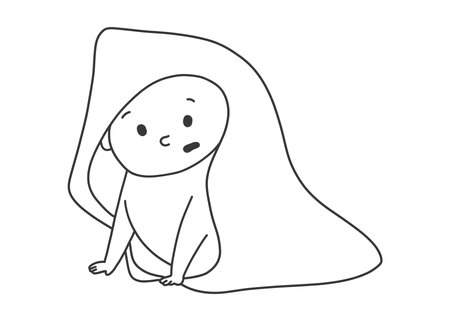 Black and white line doodle illustration of a newborn baby wrapped in a soft blanket. Cute hand drawn infant character, minimalist and isolated on white.のイラスト素材