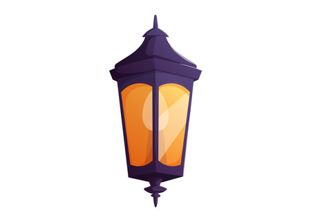 Vector illustration of glowing oriental lantern with dark top and warm yellow light. Traditional hanging lamp for festive, night, or Ramadan design in cartoon, isolatedのイラスト素材