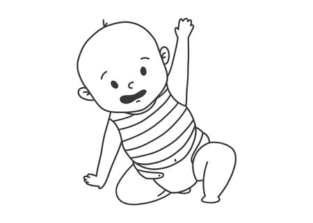 Black and white line doodle illustration of a newborn baby boy in a diaper, sitting or crawling. Minimalist hand drawn character isolated on white.のイラスト素材