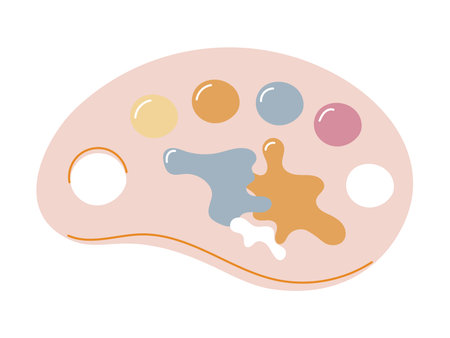 Vector Illustration of Cute Artist Palette with Colorful Paint Splatters in Pastel Tones. Flat Design Isolated Art Supply Icon for Creative Projects, Kids Education, or Design Tools.のイラスト素材