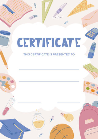 Colorful Vector School Diploma Certificate Template for Kids with Educational Elements. Award or Achievement Document Cartoon Design with Stationery, Sports, and Science.のイラスト素材