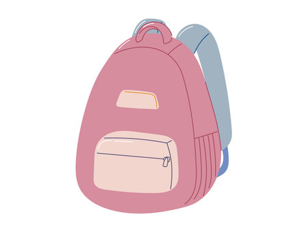 Cute pink school backpack vector illustration with pastel colors. Perfect for children education designs, back to school projects, and stationery-themed decorations.のイラスト素材