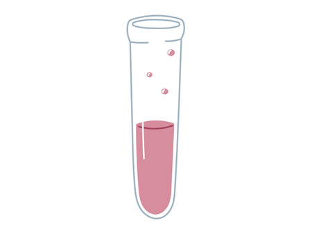 Vector isolated flat illustration of a test chemical tube with pink liquid and bubbles. Ideal for educational, scientific, school, or chemistry related designs and experiments visuals.のイラスト素材