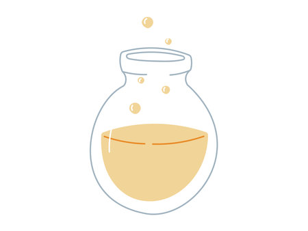 Vector flat illustration of a round glass flask filled with yellow liquid and bubbles. Perfect for educational materials, school science designs, chemistry lessons, and fun learning projects.のイラスト素材