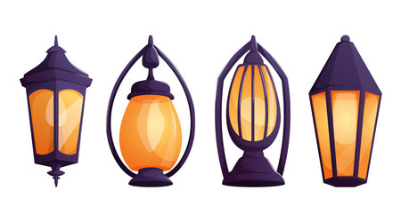 Set of four vintage lanterns with glowing orange light and dark tops. Vector cartoon illustration perfect for magical, festive, medieval, or fantasy themed projects and decorative assets.のイラスト素材