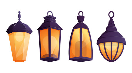 Set of four vintage lanterns with glowing orange light and dark tops. Vector cartoon illustration perfect for magical, festive, medieval, or fantasy themed projects and decorative assets.のイラスト素材