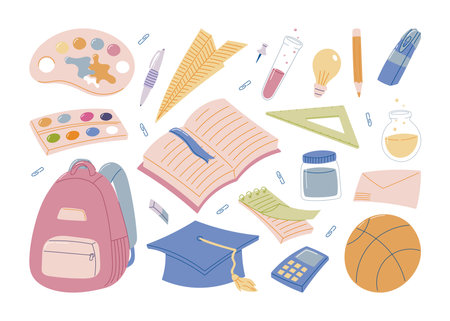 Vector cartoon set of colorful school and education supplies. Cute hand-drawn back-to-school objects for learning, study materials, classroom posters, creative designs, and kids projects.のイラスト素材