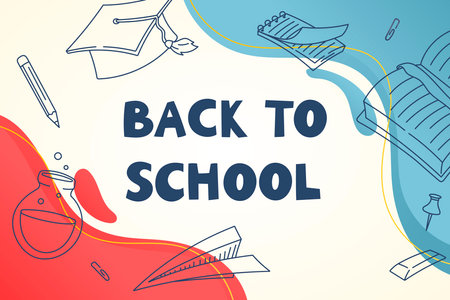 Colorful vector Back to School banner with line art education icons and vibrant red and blue abstract shapes. Ideal for posters, promotions, classroom decor, web, and kids learning materials.のイラスト素材