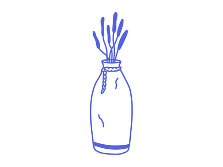 Minimal doodle hand drawn illustration of a decorative vase with cattail plants. Simple boho home decor element for interior design, posters, cards, or digital use. Isolated on white background.のイラスト素材