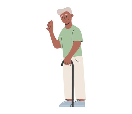 Smiling elderly man waving hand while holding a cane. Full body flat vector illustration, perfect for healthcare, senior lifestyle, support services, or retirement-related content.のイラスト素材
