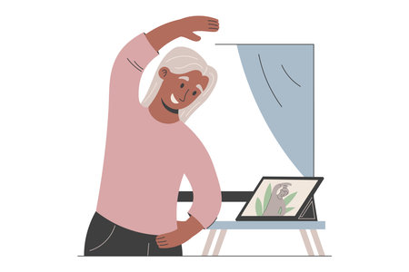 Flat vector illustration of an elderly woman exercising with a fitness video on a tablet. Concept of senior wellness, home workout, and healthy aging. Isolated cartoon.のイラスト素材