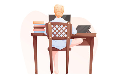 Back view vector cartoon illustration of a woman studying or working remotely at desk with laptop, tablet, and books. Perfect for themes of online education, freelance work, or productivity at home.のイラスト素材
