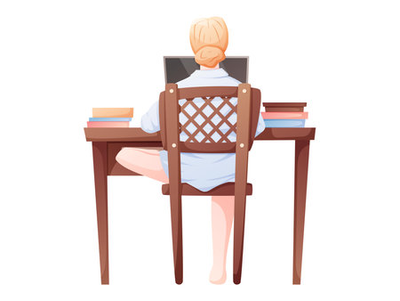 Vector illustration of a woman sitting at a desk with laptop and books, viewed from the back. Great for concepts like remote work, online learning, freelancing, productivity, and studying at home.のイラスト素材