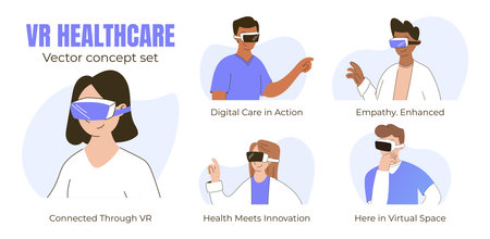 Vector concept set of people using VR headsets in healthcare and medical technology. Perfect for themes of digital health, innovation, virtual therapy, remote care, and modern wellness solutions.のイラスト素材
