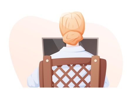 Vector illustration of a woman working or studying at a laptop from home. Back view of a person at a desk. Concept of remote work, online learning, and digital lifestyle.のイラスト素材