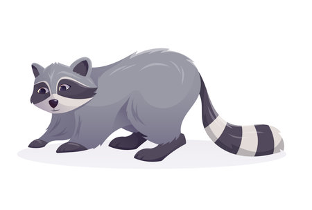 Cute Cartoon Raccoon Isolated on White Background. Adorable gray character for children designs, forest animal concepts, or urban wildlife topics. Perfect for banners, cards, and infographics.のイラスト素材