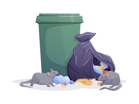 Vector illustration of garbage bin, torn trash bag, and rats. Concept of rodent infestation, food waste problems, pest control, and urban hygiene. Isolated cartoon clipart for banners and templates.のイラスト素材