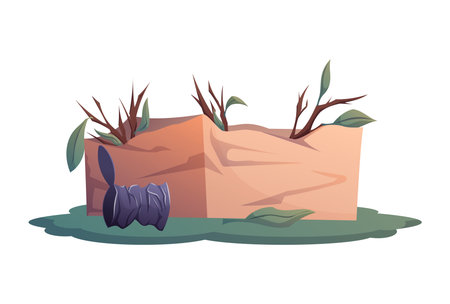 Cartoon isolated vector of a crumpled cardboard box with dry twigs and leaves on grass, next to a tin can. Concept of wildlife using trash for shelter, recycling, animal behavior, and urban ecology.のイラスト素材