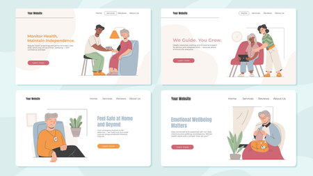 Vector set of four elderly care website landing pages. Concepts include emotional support, health monitoring, digital learning, and safety at home. Senior support services and caregiving design.のイラスト素材
