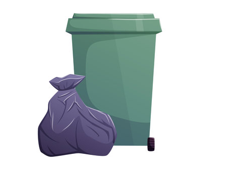 Green outdoor trash bin with full garbage bag, vector cartoon isolated illustration of waste management, recycling, sanitation, or urban cleanliness for infographics, banners, service materials.のイラスト素材