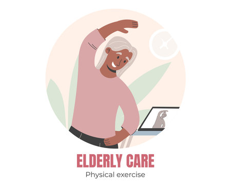 Elderly woman doing stretching exercises while following a tablet workout, flat vector concept for senior physical activity, rehabilitation, or health and wellness support.のイラスト素材