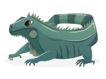 Cartoon Green Iguana or Lizard Vector Illustration. Isolated cute reptile design for educational projects, pet care materials, wildlife themes, and exotic animal content.のイラスト素材