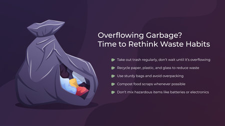 Vector illustration of an overflowing garbage bag surrounded by litter and waste. Educational banner design about trash management and recycling.のイラスト素材