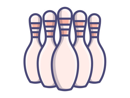 Vector illustration of five bowling pins arranged in a triangular formation. Flat isolated design for sports icons, leisure graphics, games, and recreational activity visuals.のイラスト素材
