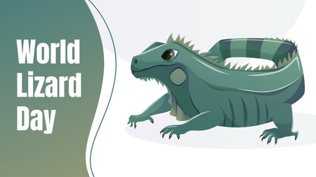 Horizontal vector banner for World Lizard Day. Cute green cartoon lizard illustration with festive layout. Ideal for animal celebration events, nature awareness, and wildlife-themed designs.のイラスト素材