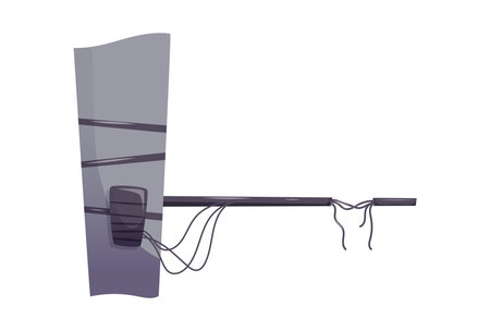 Cartoon vector illustration of a damaged utility pole with chewed wires, exposed ends, isolated design for electrical safety, infrastructure, or educational useのイラスト素材