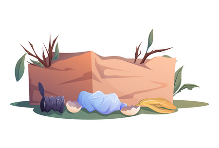 Cartoon vector illustration of crumpled cardboard box filled with dry branches and surrounded by trash. waste concept for recycling, ecology, and environmental pollution themes.のイラスト素材