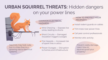 Urban cartoon squirrel danger infographic. Vector information poster with power line damage risks caused by rodents. Tips to protect your home from wire-chewing squirrels.のイラスト素材