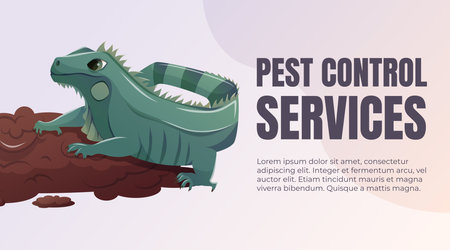 Vector pest control service poster with iguana. Reptile invasion concept illustration with text. Home protection, exotic animal problem awareness banner.のイラスト素材