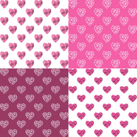 Set of four seamless pattern with pink poligonal hertsのイラスト素材