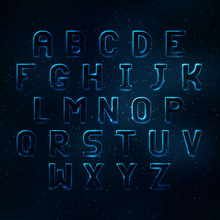 Glowing cosmic neon font. Shiny capital letters latin alphabetのイラスト素材