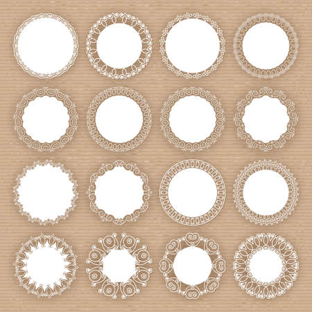 Set of 16 lacy white frames on the background with the texture of cardboardのイラスト素材