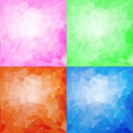 Set of four polygonal backgrounds with sparkles, pink, green, orange and blue colors corresponding to seasonsのイラスト素材