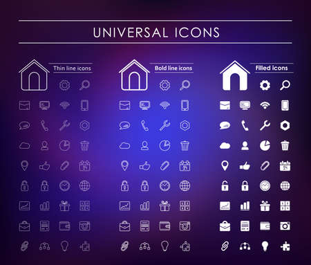 A set of 35 universal white icons on purple blurred background. Variants - a thin line, bold line, fillのイラスト素材