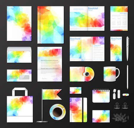 Business corporate identity template Set. Company triangular style. Pen, cd disc, cup, letter, flag, business cards, flash, envelope, book, notebookのイラスト素材